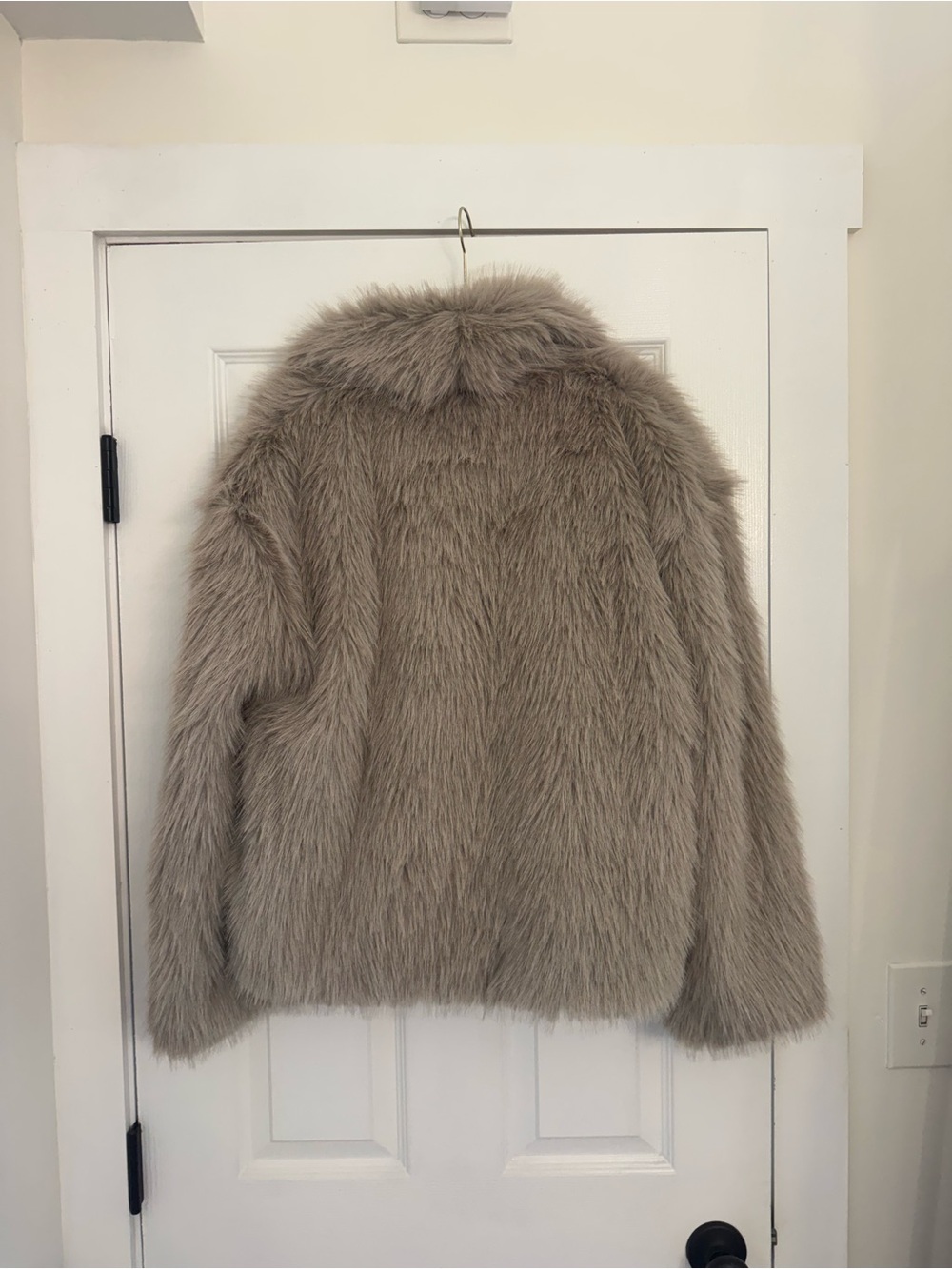 Women's Faux Fur Coat - Taupe Plush Jacket - Picture 4 of 4